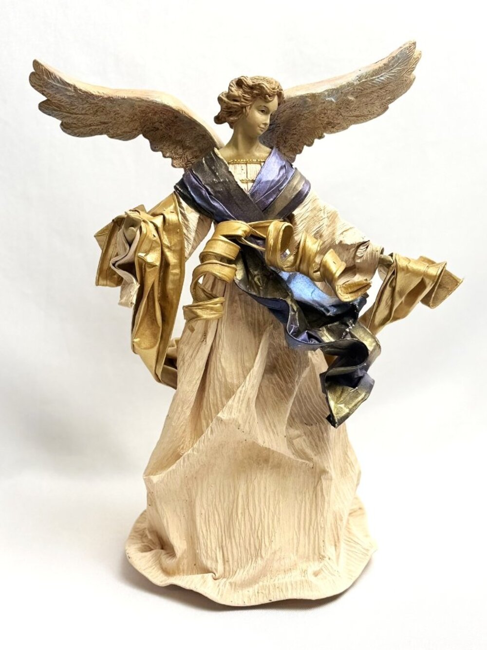 Paper Mache Angel 12" Made in Philippines Gold Blue Robe Textured Wings
